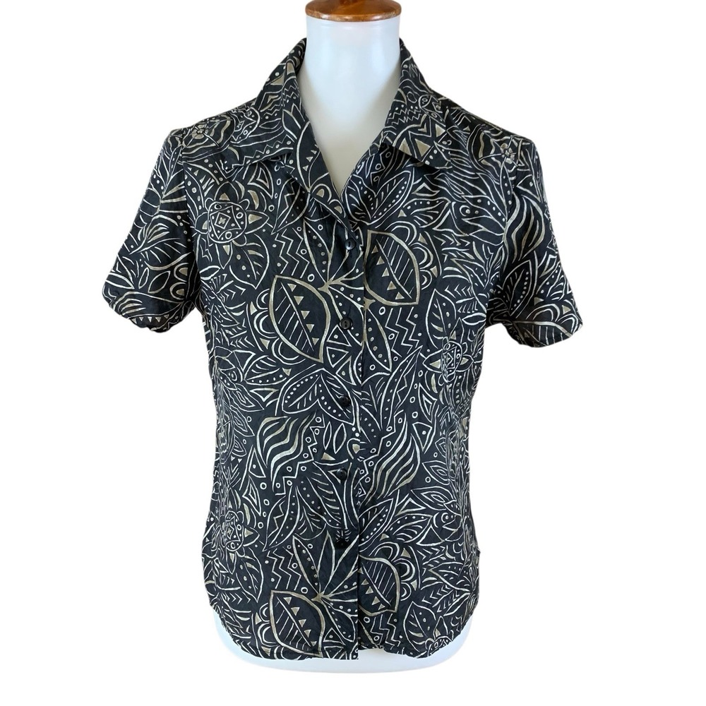 Anna And Frank 100% Silk Button Front Blouse Small Black‎ Abstract Boho Top